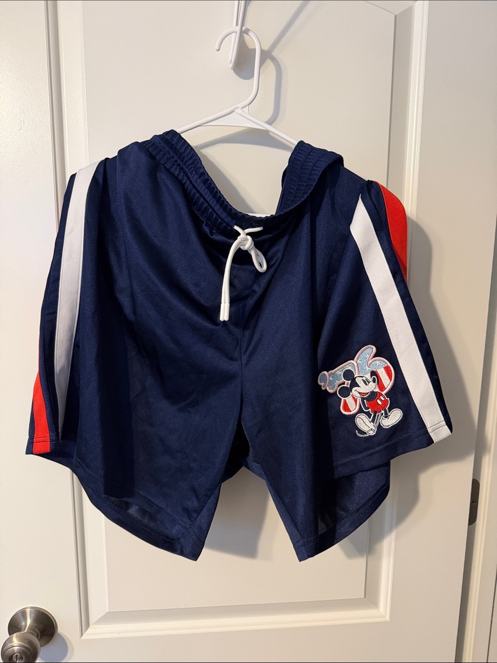 Disney Navy Athletic Shorts with White & Red Stripes and Mickey Patch